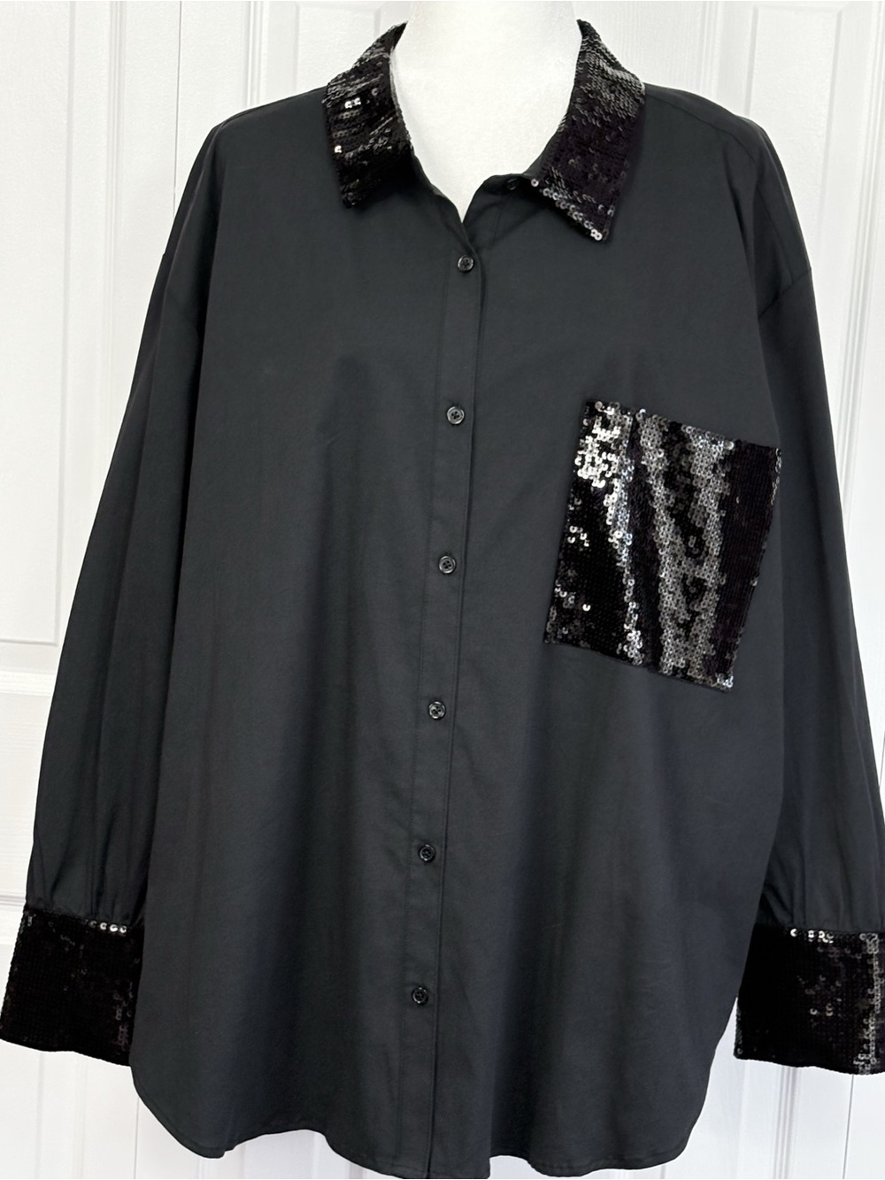 NWT Christian Siriano C Wonder Black Sparkly Sequin Button Down Shirt 3X